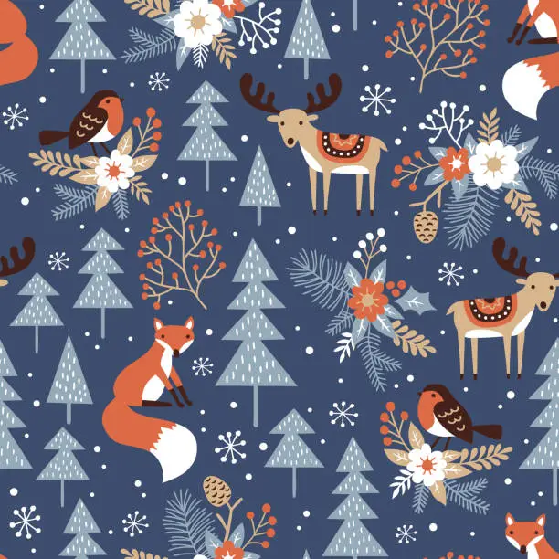 Vector illustration of Seamless vector pattern with cute woodland animals, snowy pine trees, berries, flowers and snowflakes. Hand drawn winter landscape illustration. Perfect for textile, wallpaper or print design.