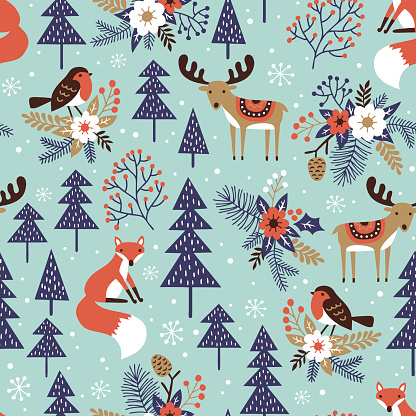Seamless vector pattern with cute woodland animals, snowy pine trees, berries, flowers and snowflakes. Hand drawn winter landscape illustration. Perfect for textile, wallpaper or print design.