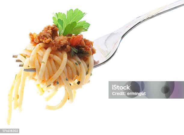 Spaghetti Meat Sauce And Parsley Stock Photo - Download Image Now - Cut Out, Fork, Pasta