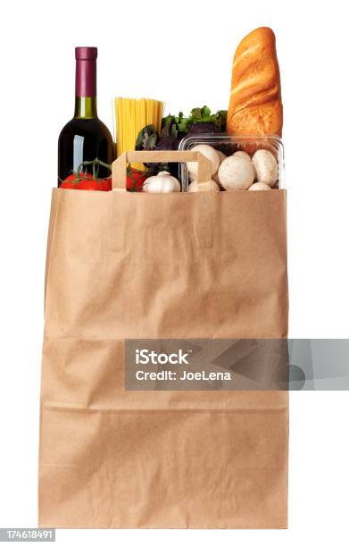 Продукты Питания — стоковые фотографии и другие картинки Бумажный пакет - Бумажный пакет, Вино, Белый фон
