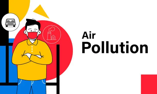 Vector illustration of Air pollution man wearing mask bauhaus style retro simple bright color dynamic shape illustration