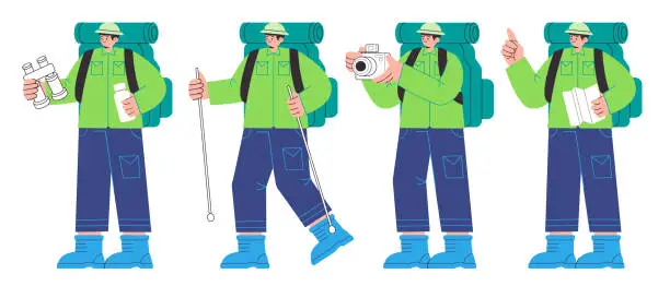 Vector illustration of Hiking trek trail outdoor activity character set of flat illustration green jacket flat line holding map camera stick binocular