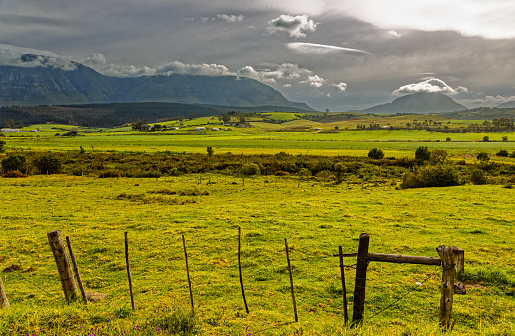 Landscape of green fields with dark cloud covered mountains in background near Riversdale, Western Cape, South Africa