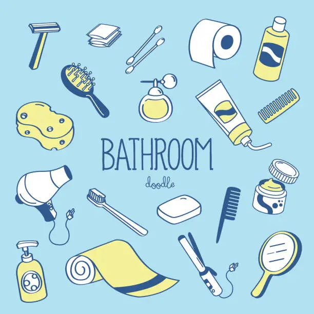 Vector illustration of Doodle bathroom objects. Hand drawn vector illustrator of bathroom.