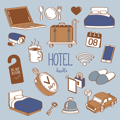 Doodle hotel items. Hand drawn vector Illustration doodle with hotel items.