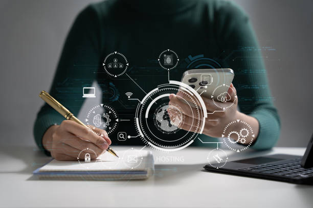 istock Woman using computer, tablet and presses his finger on the virtual screen inscription Hosting on desk, Web hosting concept, Internet, business, digital technology concept. 1746203462