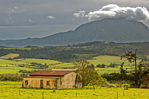 Moody landscape of a dilapidated old cottage in green  fields and with dark clouds over mountain in background near Riversdale, Western Cape, South Africa