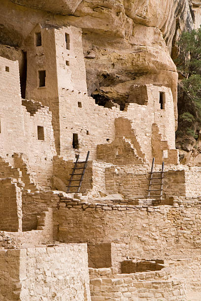 Cliff Palace Cliff Dwelling in Mesa Verde National Park, Colorado Mesa Verde is a National Park in southern Colorado renown for its Indian Cliff Dwellings. Cliff Palace is the  largest cliff dwelling in North America. The holes with ladders are kivas, underground chambers used for ceremonies and meetings. cliff dwelling stock pictures, royalty-free photos & images