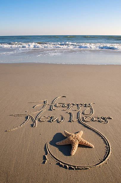 istock Happy New Year Starfish Message Handwritten on Smooth Sand Beach 174620818