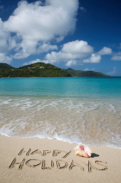 istock Happy Holidays Handwritten Greeting Tropical Beach Blue Sea 174621255