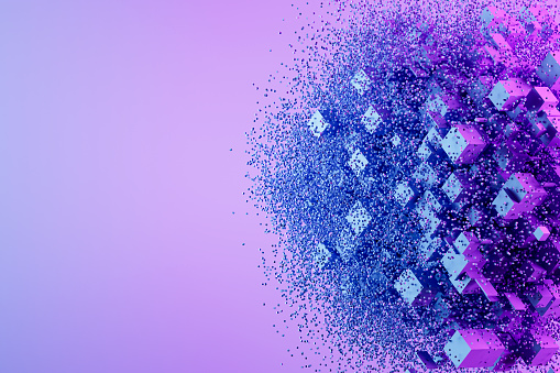 Abstract connected cube exploding with particles, artificial intelligence technology background. Digitally generated image.