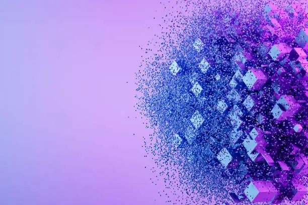 Photo of Abstract connected cube exploding with particles, artificial intelligence technology background
