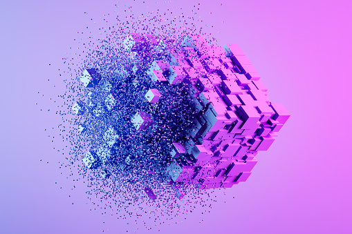 Abstract connected cube exploding with particles, artificial intelligence technology background. Digitally generated image.