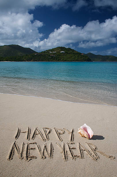 istock Happy New Year from Paradise Message on Tropical Beach 174621505