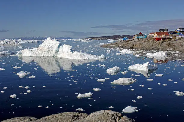 "The town of Ilulissat, Greenland - overlooking the icebergs in Disko Bay"