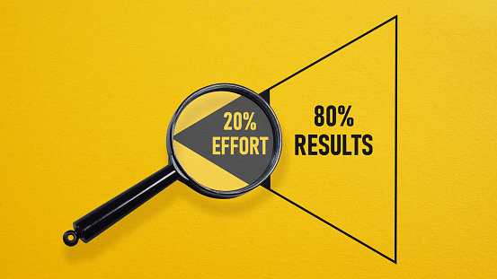 Pareto principle concept or the 80 on 20 rule. 20 effort 80 results relationship rule.