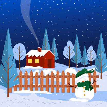 Winter landscape with a snowman, a house and snowy trees. snowy evening, smoke from the chimney. Christmas illustration. Evening winter time. Vector. For packaging, cards, greetings and invitations, web pages and social networks.