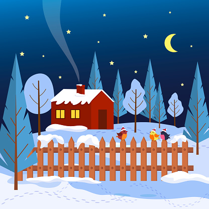 Winter landscape with trees and house. Winter night, smoke from a chimney, moon and stars, snowy trees, birds on the fence. Vector. For packaging, cards, greetings and invitations, web pages and social networks.