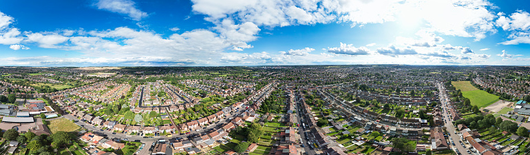 Aerial Ultra Wide Panoramic View of Wardown Public Park of Luton City, England UK. Image Captured During sunset over United Kingdom with Drone's Camera