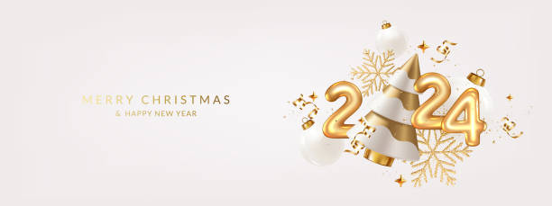 istock Happy New Year 2024. Golden realistic metallic numbers with christmas tree, snowflake, ribbons and confetti. 1746236577
