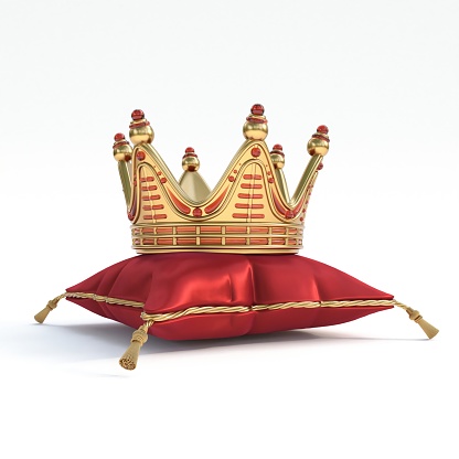 Golden crown with red gemstones  on pillow 3D rendering illustration isolated on white background