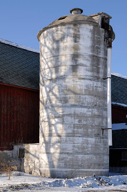 silo em sombras do anoitecer - winter farm vibrant color shadow imagens e fotografias de stock