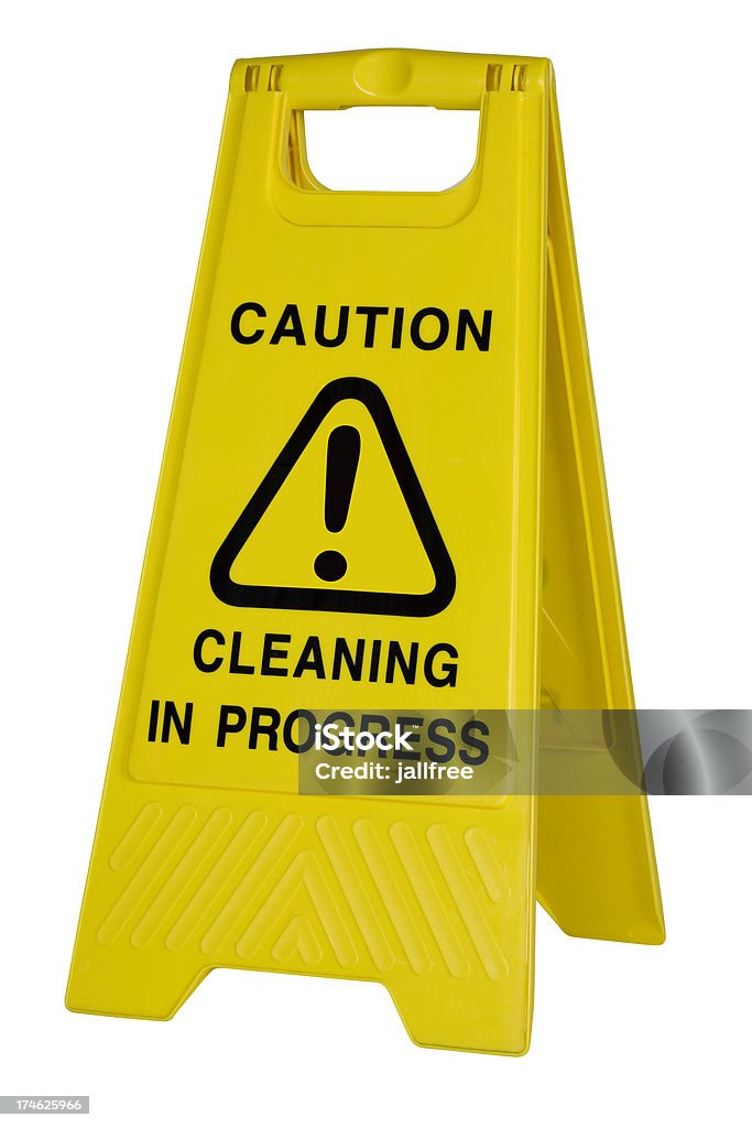 Panneau jaune d'avertissement de nettoyage sur fond blanc - Photo de Blanc libre de droits