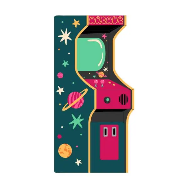 Vector illustration of Retro slot machine. Videogame playing equipment: display, joystick. Retrowave arcade games, vintage entertainment. 80s, 90s nostalgia. Gambling flat isolated vector illustration on white background