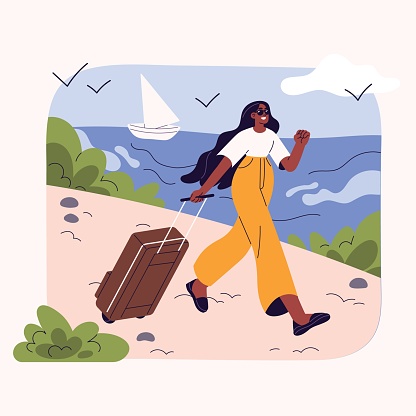 People rest on sea resort. Young woman in sunglasses walking on beach, rolling luggage on coast. Tourist with suitcase on shore. Summer holiday, vacation travel. Flat isolated vector illustration.
