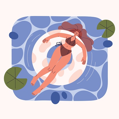 Woman lying on inflatable ring in swimming pool. Girl in bikini rest, relax, sunbathing on circle on water. Sea resort. Summer holiday travel, beach activities. Flat isolated vector illustration.