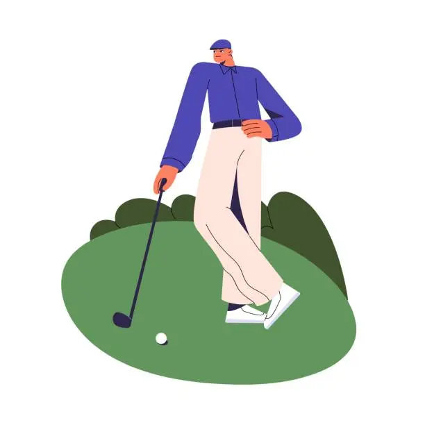 Vector illustration of People play professional golf. Golfer standing in pose: hand on his hip, leaning on club. Sport player with putter, ball waiting game on field. Flat isolated vector illustration on white background