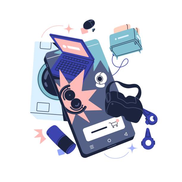 istock Online electronic store, market concept. Shopping in internet, ecommerce app, digital marketplace. Phone screen levitate, vr, laptop, gadgets, devices fly. Flat isolated vector illustration on white 1746263500