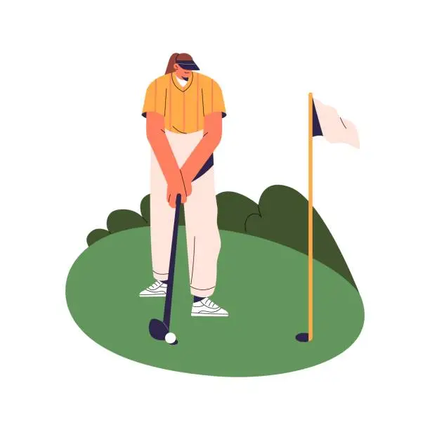 Vector illustration of Golf player putt ball in hole. Professional golfer standing, hold club in hand. People at sport game training. Woman play with putter on field. Flat isolated vector illustration on white background
