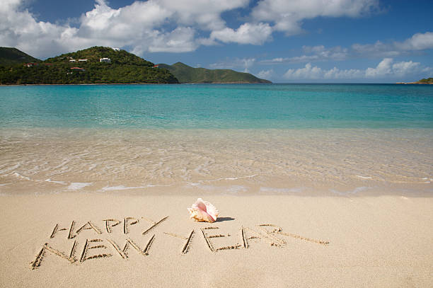 istock Happy New Year Message Handwritten on Tropical Sand Beach 174626432