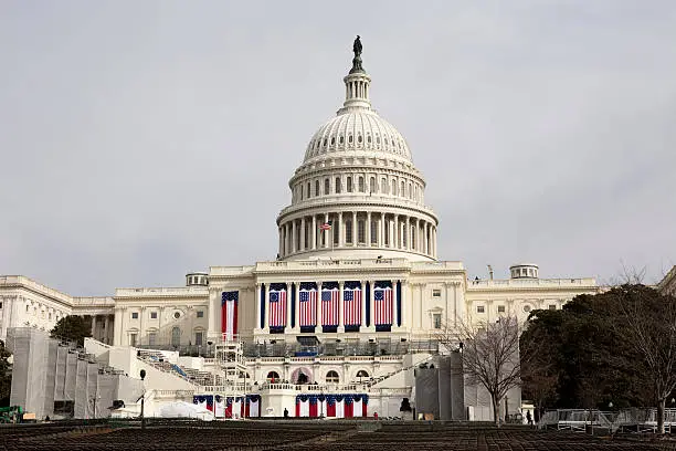 "The US Capitol Building, decorated in preparation for the inauguration of President Obama."