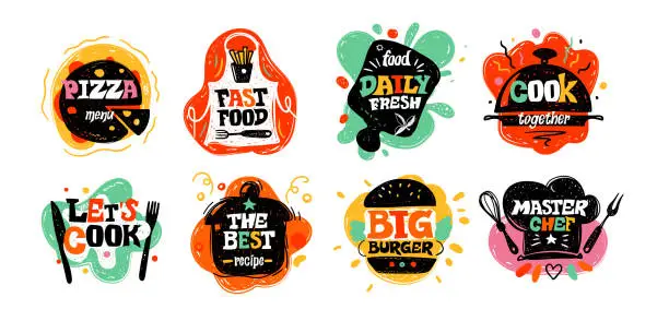 Vector illustration of Funny lunch gastronomy hand lettering. Cooking label, stamp or sticker, kitchen food symbols, cook logo, burger and pizza meal, logotype template. Vector exact typography illustration set