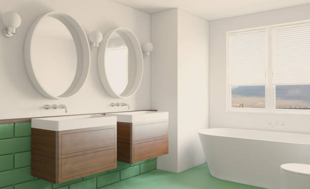 istock Freestanding bath with towels in grey modern bathroom. 3D rendering. 1746283492