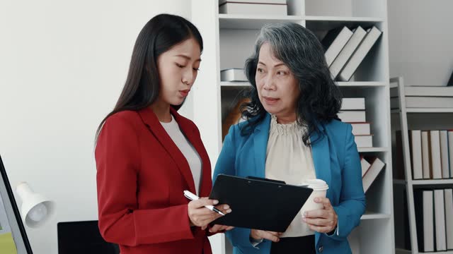 Senior businesswoman has work meeting with employees in the finance department, senior female leaders in organization, company financial planning meeting. Concept of meeting together in the company.