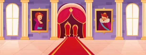 Vector illustration of King royal interior. Family castle. Two thrones. Monarch portraits. Images in queen palace. Medieval guard. Magic warrior. Curtains and carpet in ballroom. Vector recent cartoon background