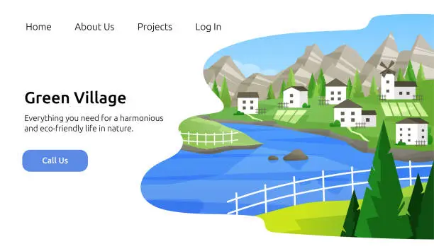 Vector illustration of Green village landing page. Countryside nature website. Tourism around Asia. Relaxing country tours. Agriculture houses. Real estate or travel agency. Vector garish flat illustration