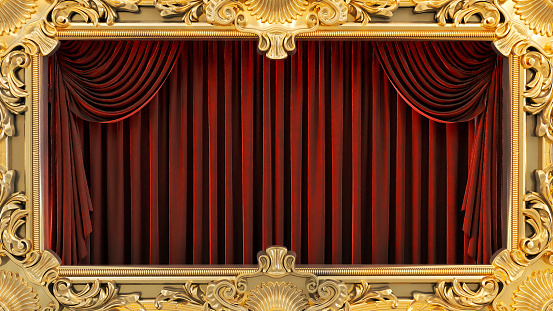 3D render of golden frame on a red curtain background,