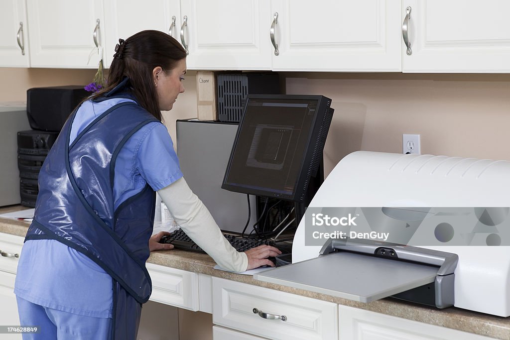 Veterinário técnico examina raios-X com o computador - Foto de stock de Veterinário royalty-free