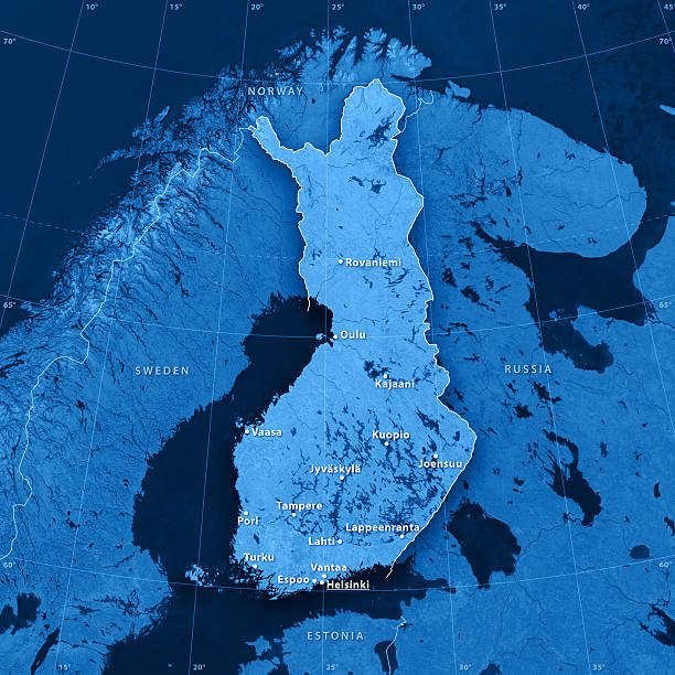 Finland Topographic Map 3D rendering and image composing: Topographic Map of Finland. Accurate longitude and latitude lines. High resolution available! High quality relief structure! map of helsinki finland stock pictures, royalty-free photos & images
