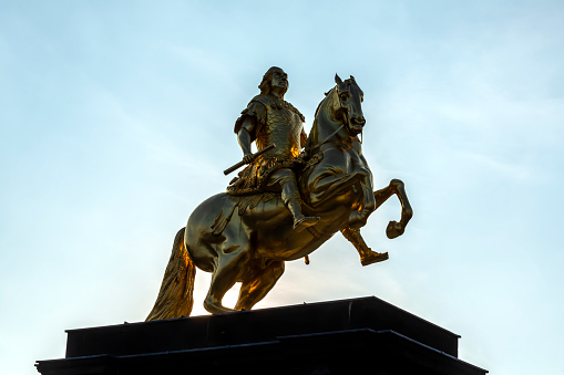 Napoleon on horseback monument in France city of Rouen, summer day.