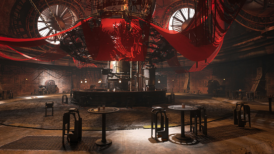 Fantasy dark moody atmospheric bar. Dystopian cyberpunk science fiction environment. 3D illustration.
