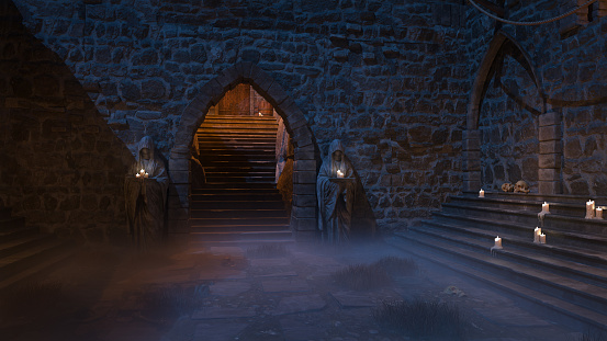 Dark creepy gothic medieval castle doorway with stone statues outside. 3D illustration.