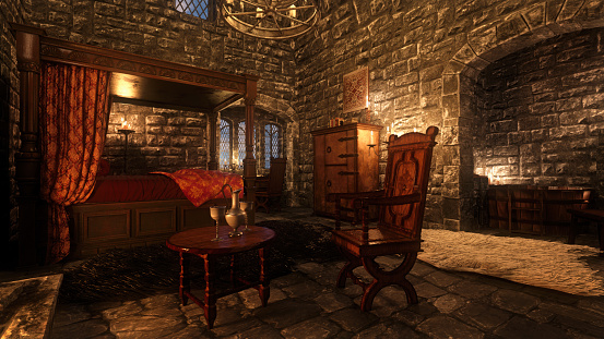 Chair and table with drinks in an old medieval castle bedroom. 3D illustration.
