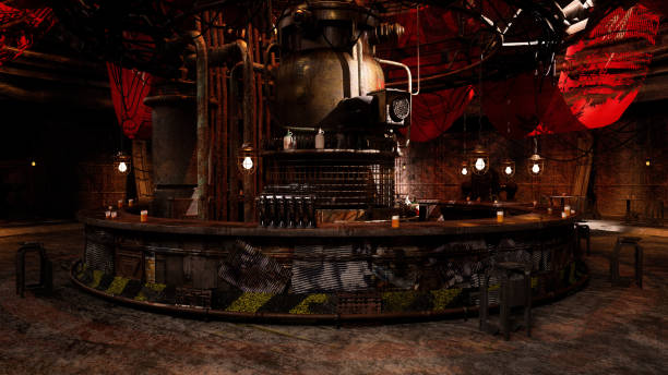Dark grungy dystopian future drinking bar on a fantasy alien planet. 3D illustration.