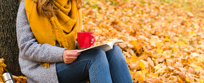 Banner. Young woman drinks hot tea or coffee from a mug and reads a book in the park while sitting under a tree. Autumn mood. Outdoor recreation.