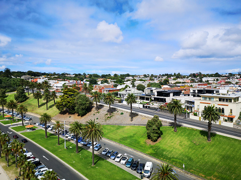 Aerial view of Geelong residential district overlooking the bay.